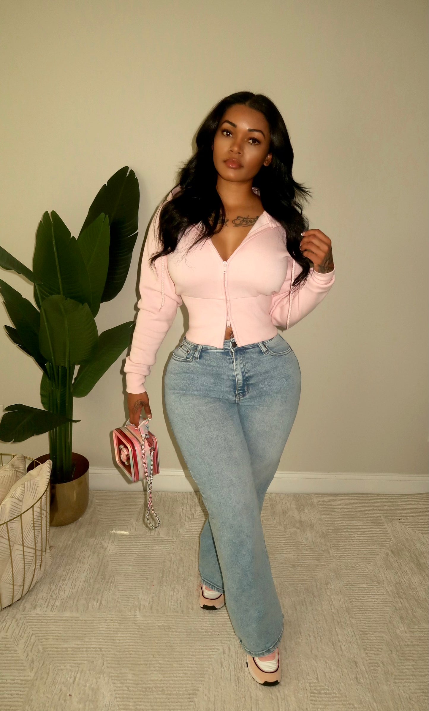 Relaxed Zip Up Hoodie (Soft Pink )